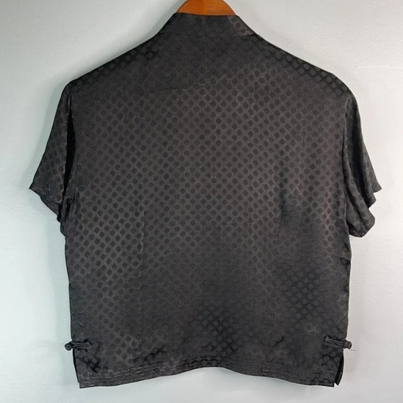 MANDERIN Style Silk Pattern Blouse Black Short Sleeve Toggle Knot Closure M - Picture 10 of 12